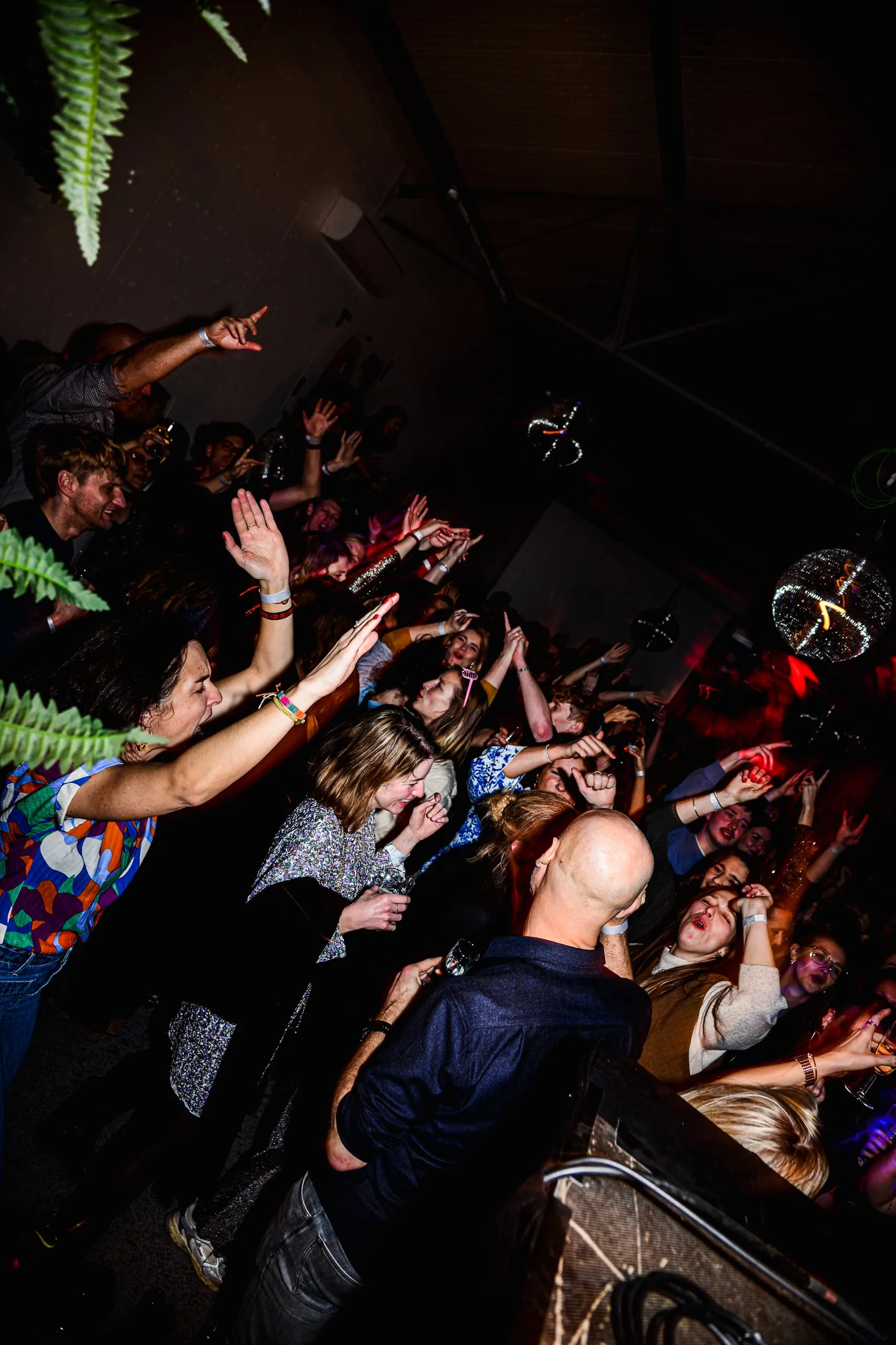 Crowd with raised arms at a party, seen from above