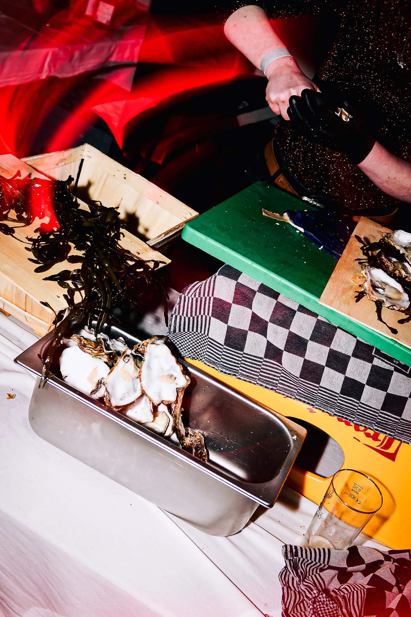 Oysters in a metal tray on a party table