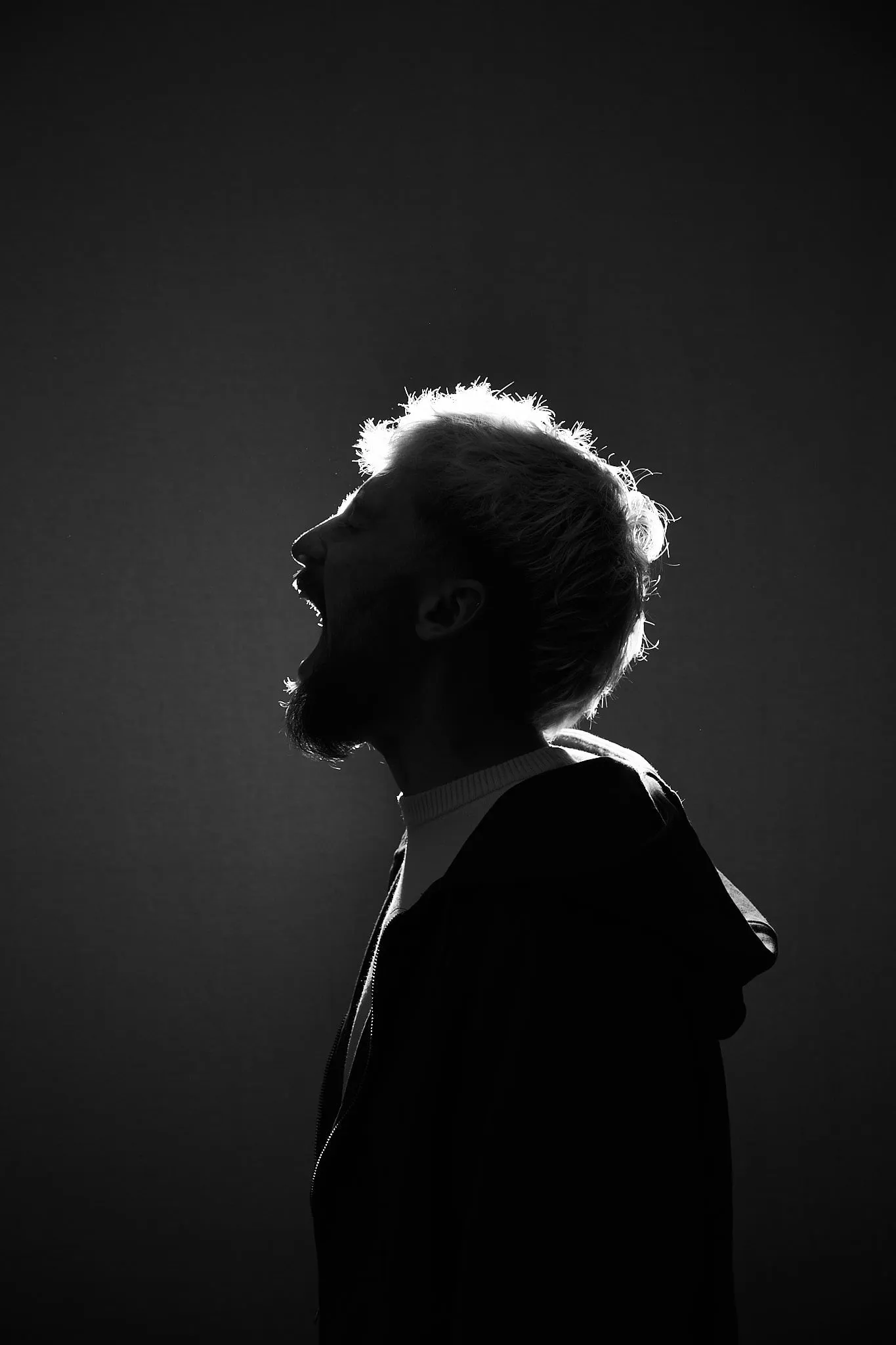 Silhouette in profile with strong backlight on the hair, in black and white